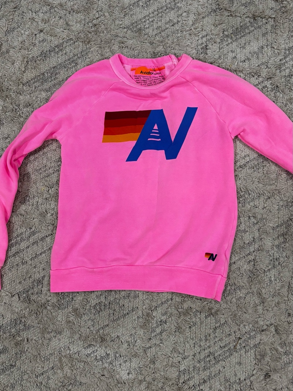 Aviator Nation Pink Kids Crewneck Sweatshirt with Blue Logo and Sunset Stripes